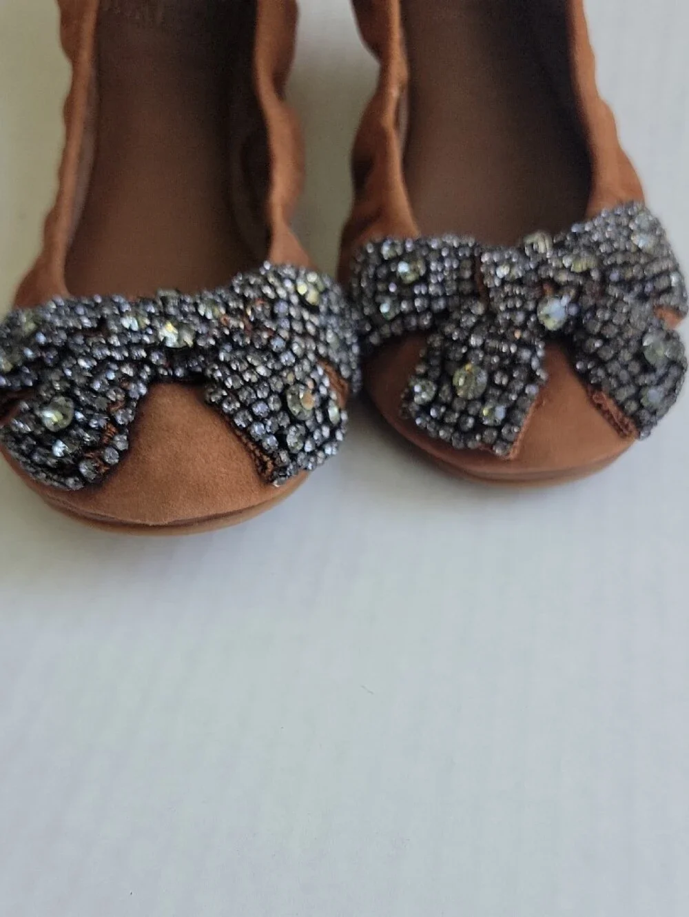 Tory Burch Brown Suede Ballet Flats with Crystal Bow